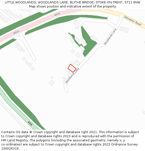 LITTLE WOODLANDS, WOODLANDS LANE, BLYTHE BRIDGE, STOKE-ON-TRENT, ST11 9NW: Location map and indicative extent of plot