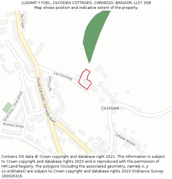 LLIDIART Y FOEL, CILFODEN COTTAGES, CARNEDDI, BANGOR, LL57 3SB: Location map and indicative extent of plot