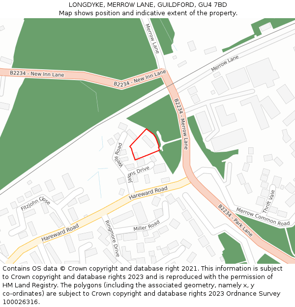 LONGDYKE, MERROW LANE, GUILDFORD, GU4 7BD: Location map and indicative extent of plot