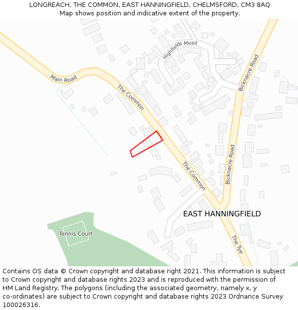 LONGREACH, THE COMMON, EAST HANNINGFIELD, CHELMSFORD, CM3 8AQ: Location map and indicative extent of plot