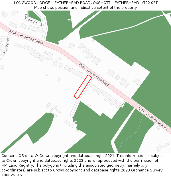 LONGWOOD LODGE, LEATHERHEAD ROAD, OXSHOTT, LEATHERHEAD, KT22 0ET: Location map and indicative extent of plot