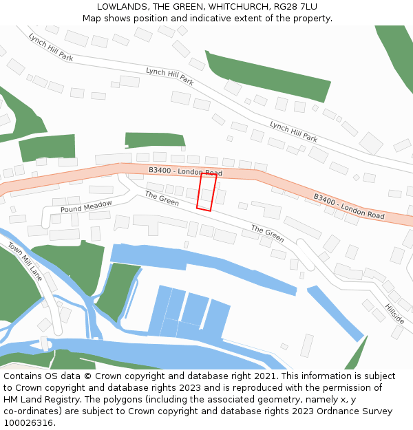 LOWLANDS, THE GREEN, WHITCHURCH, RG28 7LU: Location map and indicative extent of plot