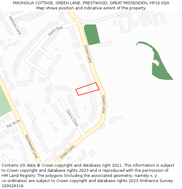 MAGNOLIA COTTAGE, GREEN LANE, PRESTWOOD, GREAT MISSENDEN, HP16 0QA: Location map and indicative extent of plot