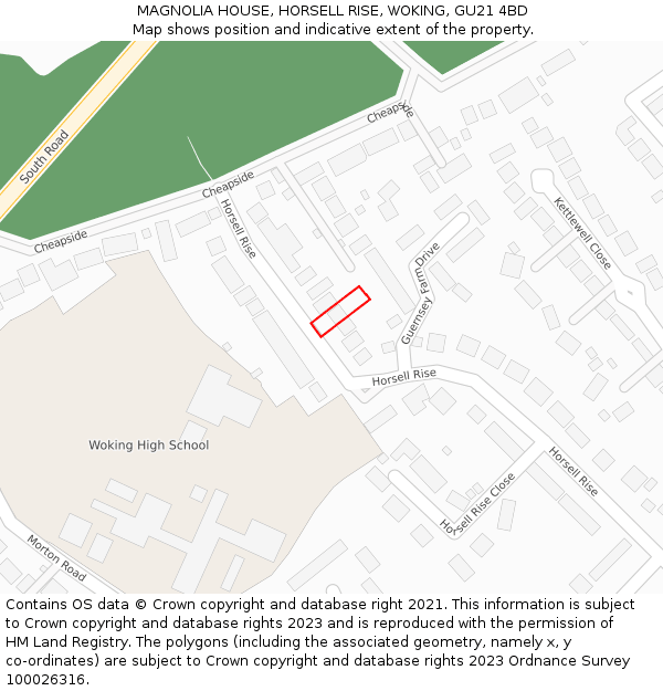 MAGNOLIA HOUSE, HORSELL RISE, WOKING, GU21 4BD: Location map and indicative extent of plot