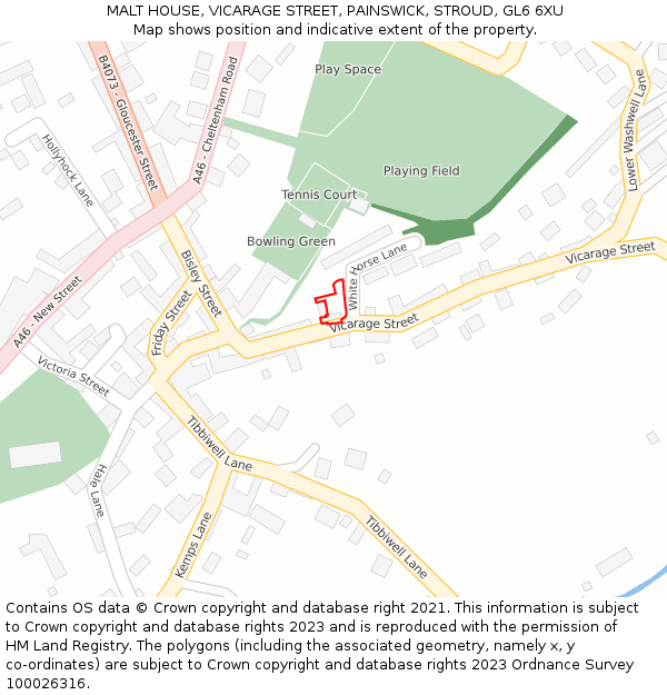 MALT HOUSE, VICARAGE STREET, PAINSWICK, STROUD, GL6 6XU: Location map and indicative extent of plot