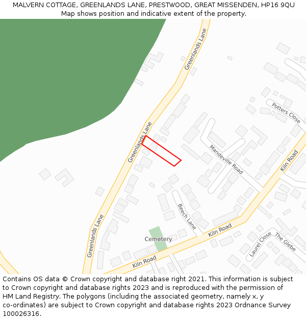 MALVERN COTTAGE, GREENLANDS LANE, PRESTWOOD, GREAT MISSENDEN, HP16 9QU: Location map and indicative extent of plot