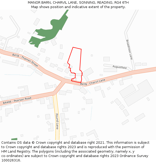 MANOR BARN, CHARVIL LANE, SONNING, READING, RG4 6TH: Location map and indicative extent of plot