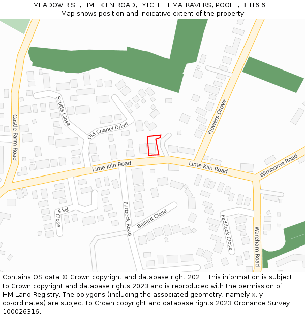 MEADOW RISE, LIME KILN ROAD, LYTCHETT MATRAVERS, POOLE, BH16 6EL: Location map and indicative extent of plot