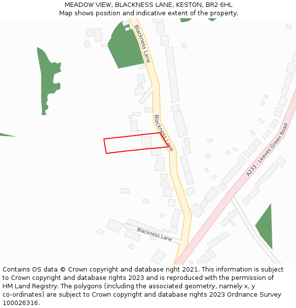 MEADOW VIEW, BLACKNESS LANE, KESTON, BR2 6HL: Location map and indicative extent of plot