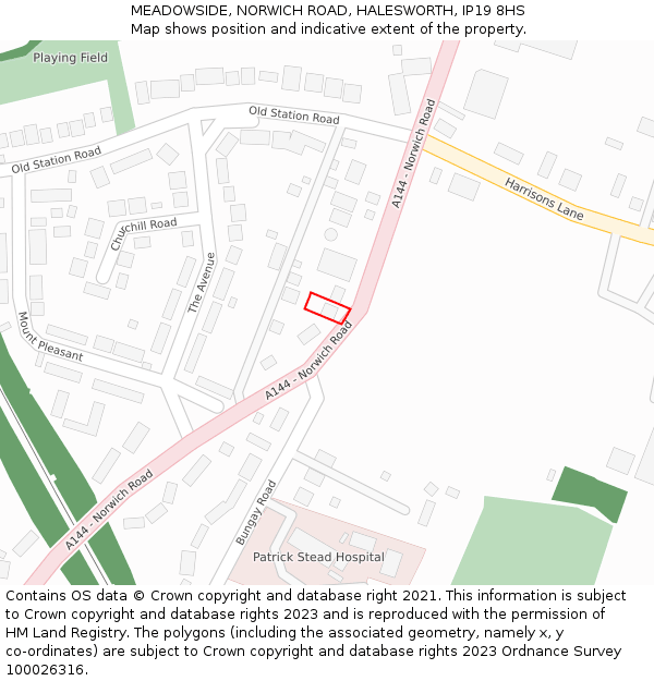 MEADOWSIDE, NORWICH ROAD, HALESWORTH, IP19 8HS: Location map and indicative extent of plot