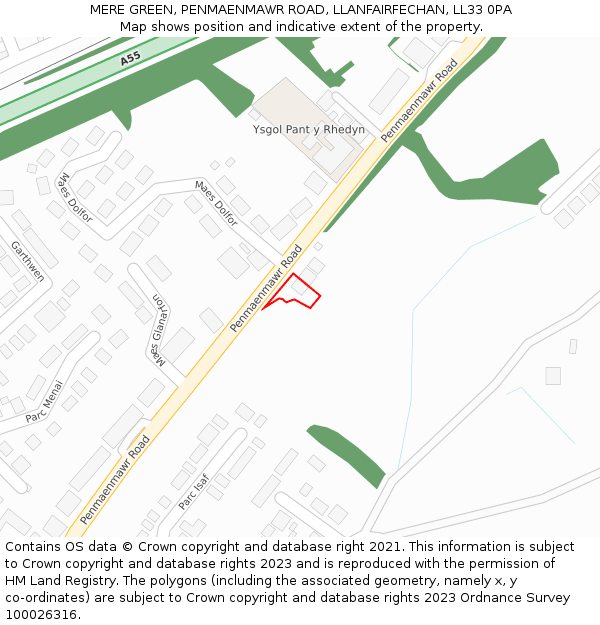 MERE GREEN, PENMAENMAWR ROAD, LLANFAIRFECHAN, LL33 0PA: Location map and indicative extent of plot