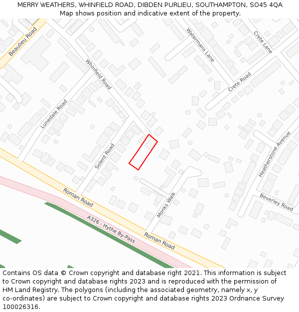 MERRY WEATHERS, WHINFIELD ROAD, DIBDEN PURLIEU, SOUTHAMPTON, SO45 4QA: Location map and indicative extent of plot