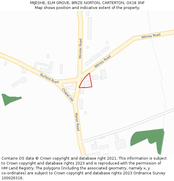 MIJESHE, ELM GROVE, BRIZE NORTON, CARTERTON, OX18 3NF: Location map and indicative extent of plot