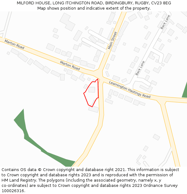 MILFORD HOUSE, LONG ITCHINGTON ROAD, BIRDINGBURY, RUGBY, CV23 8EG: Location map and indicative extent of plot