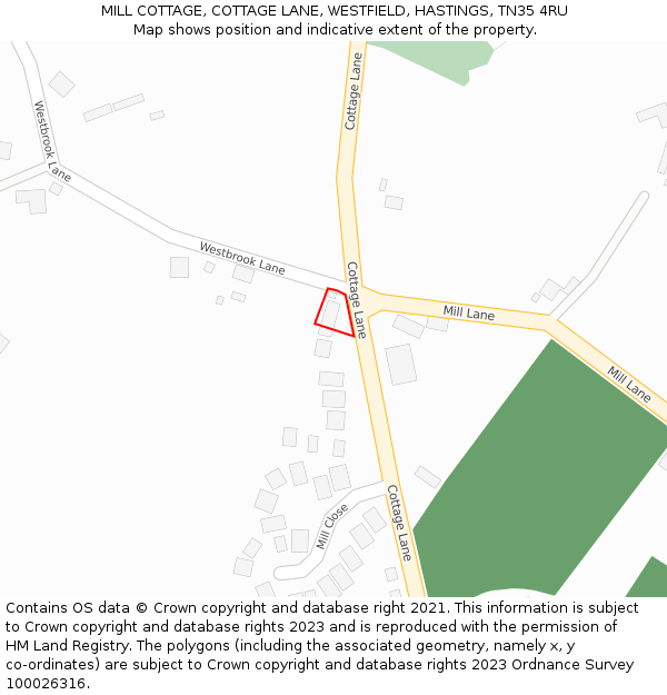 MILL COTTAGE, COTTAGE LANE, WESTFIELD, HASTINGS, TN35 4RU: Location map and indicative extent of plot