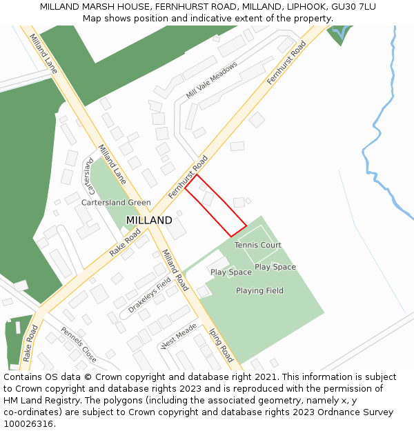 MILLAND MARSH HOUSE, FERNHURST ROAD, MILLAND, LIPHOOK, GU30 7LU: Location map and indicative extent of plot