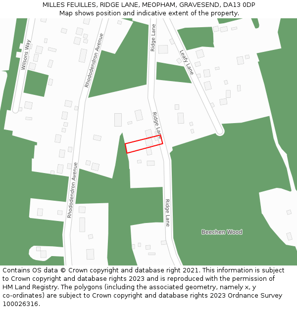 MILLES FEUILLES, RIDGE LANE, MEOPHAM, GRAVESEND, DA13 0DP: Location map and indicative extent of plot