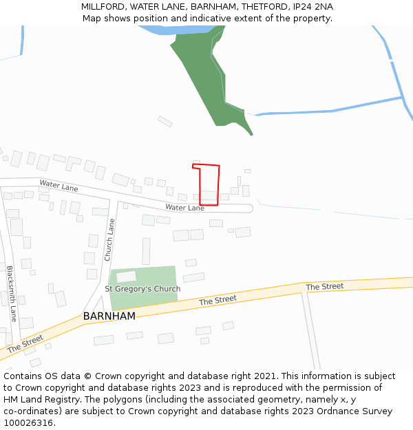 MILLFORD, WATER LANE, BARNHAM, THETFORD, IP24 2NA: Location map and indicative extent of plot