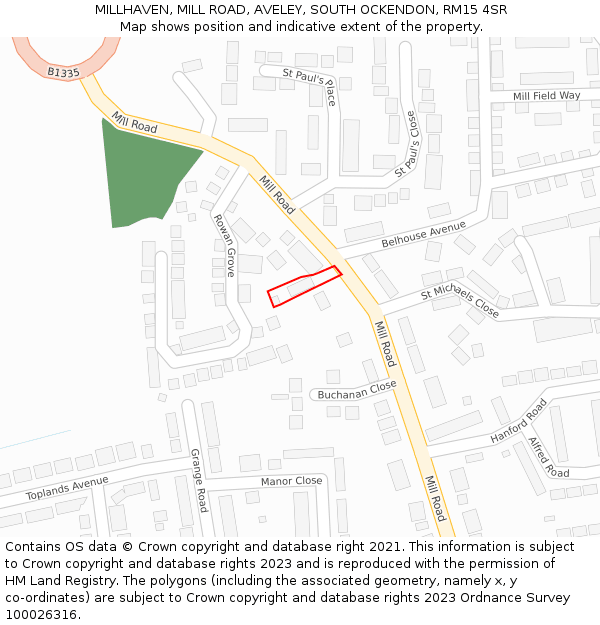 MILLHAVEN, MILL ROAD, AVELEY, SOUTH OCKENDON, RM15 4SR: Location map and indicative extent of plot