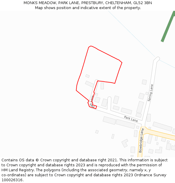 MONKS MEADOW, PARK LANE, PRESTBURY, CHELTENHAM, GL52 3BN: Location map and indicative extent of plot