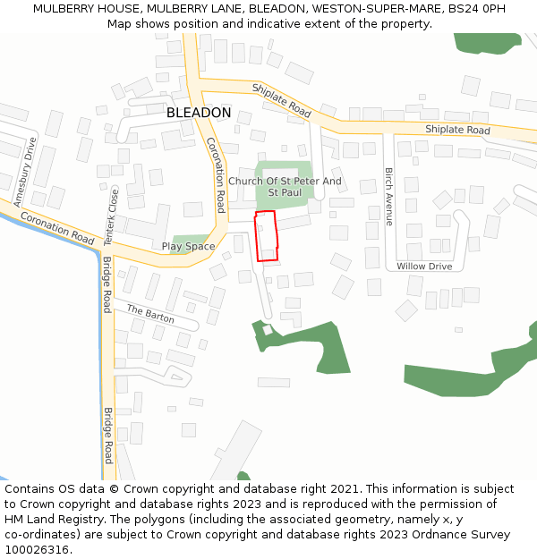 MULBERRY HOUSE, MULBERRY LANE, BLEADON, WESTON-SUPER-MARE, BS24 0PH: Location map and indicative extent of plot