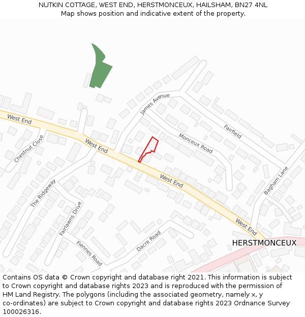 NUTKIN COTTAGE, WEST END, HERSTMONCEUX, HAILSHAM, BN27 4NL: Location map and indicative extent of plot