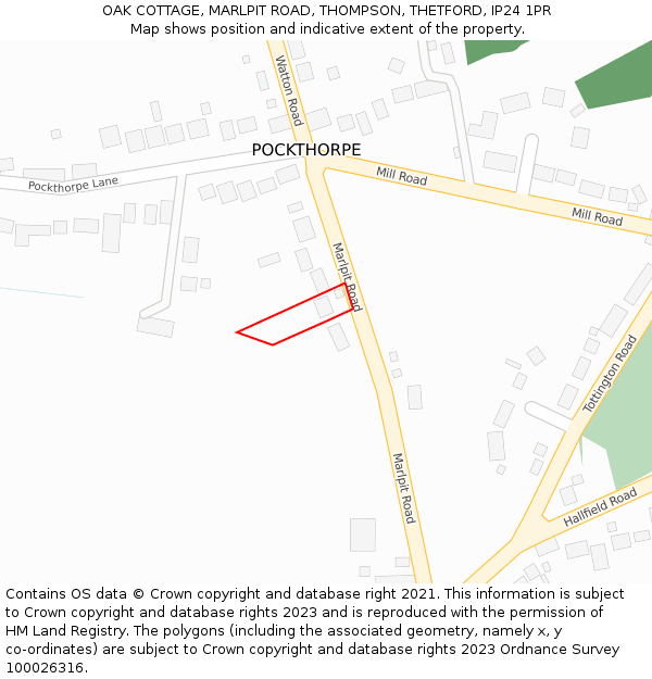 OAK COTTAGE, MARLPIT ROAD, THOMPSON, THETFORD, IP24 1PR: Location map and indicative extent of plot