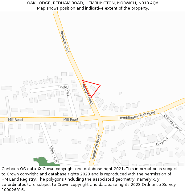 OAK LODGE, PEDHAM ROAD, HEMBLINGTON, NORWICH, NR13 4QA: Location map and indicative extent of plot