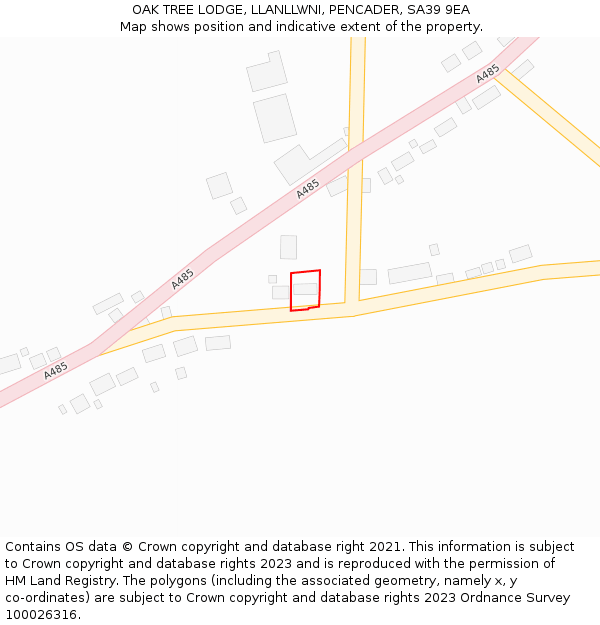 OAK TREE LODGE, LLANLLWNI, PENCADER, SA39 9EA: Location map and indicative extent of plot