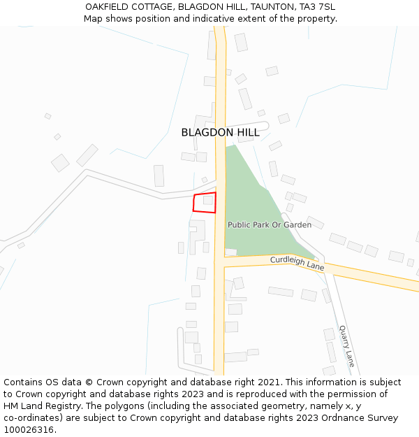 OAKFIELD COTTAGE, BLAGDON HILL, TAUNTON, TA3 7SL: Location map and indicative extent of plot