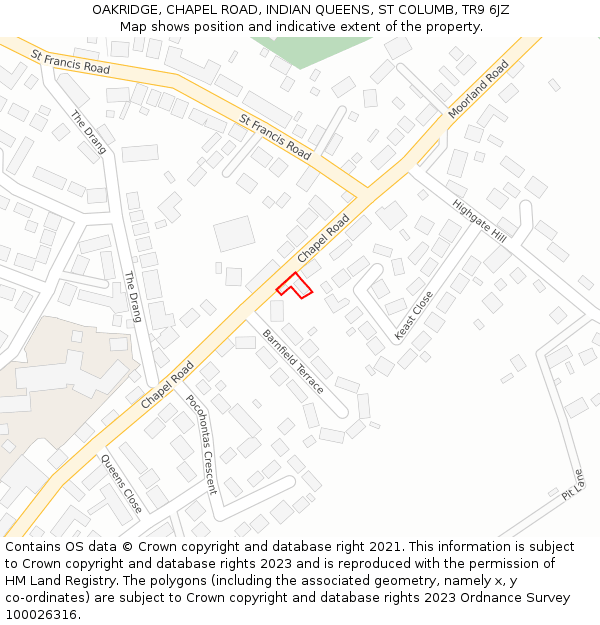 OAKRIDGE, CHAPEL ROAD, INDIAN QUEENS, ST COLUMB, TR9 6JZ: Location map and indicative extent of plot