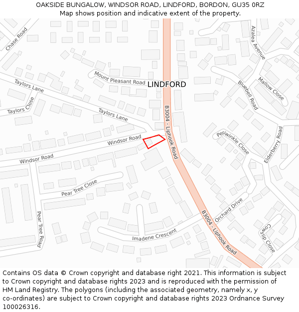 OAKSIDE BUNGALOW, WINDSOR ROAD, LINDFORD, BORDON, GU35 0RZ: Location map and indicative extent of plot