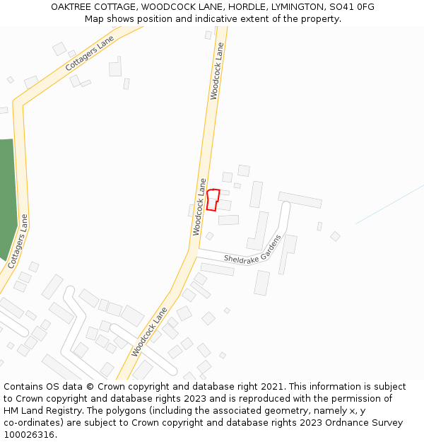 OAKTREE COTTAGE, WOODCOCK LANE, HORDLE, LYMINGTON, SO41 0FG: Location map and indicative extent of plot