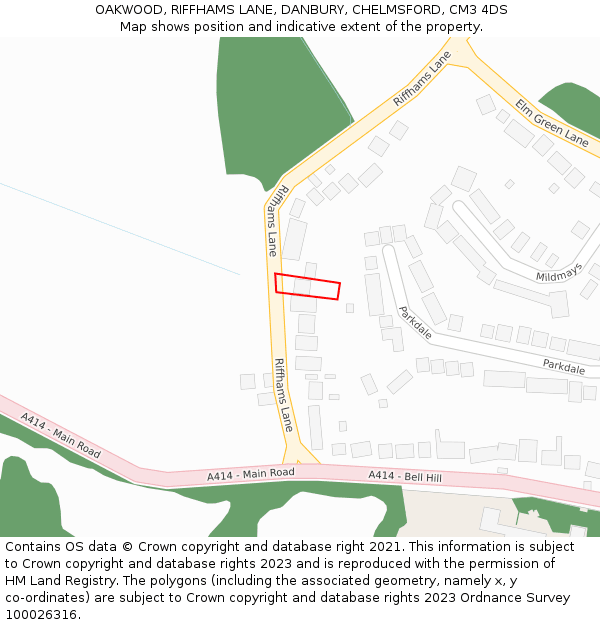 OAKWOOD, RIFFHAMS LANE, DANBURY, CHELMSFORD, CM3 4DS: Location map and indicative extent of plot