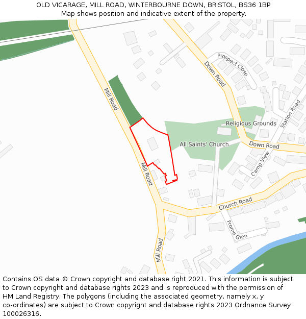 OLD VICARAGE, MILL ROAD, WINTERBOURNE DOWN, BRISTOL, BS36 1BP: Location map and indicative extent of plot