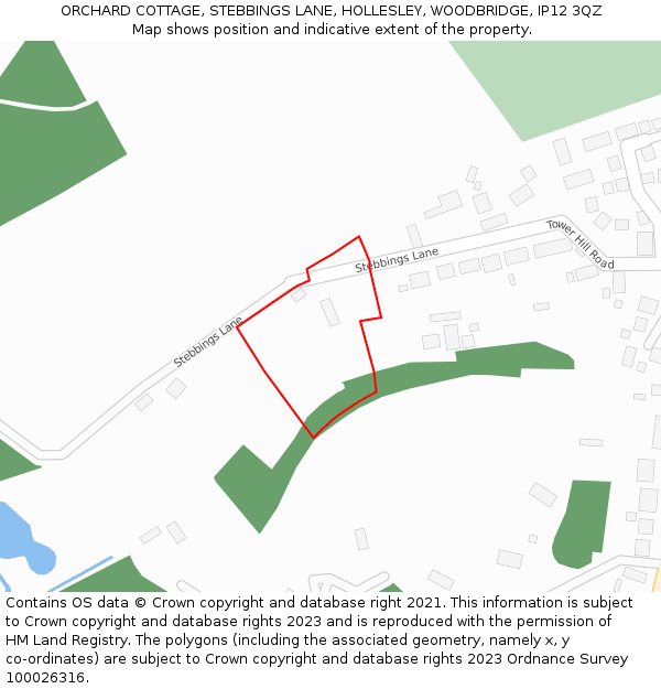 ORCHARD COTTAGE, STEBBINGS LANE, HOLLESLEY, WOODBRIDGE, IP12 3QZ: Location map and indicative extent of plot