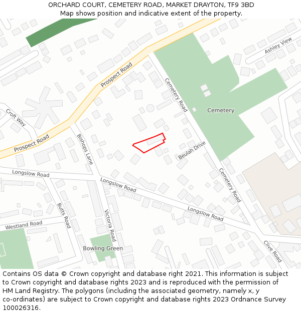 ORCHARD COURT, CEMETERY ROAD, MARKET DRAYTON, TF9 3BD: Location map and indicative extent of plot