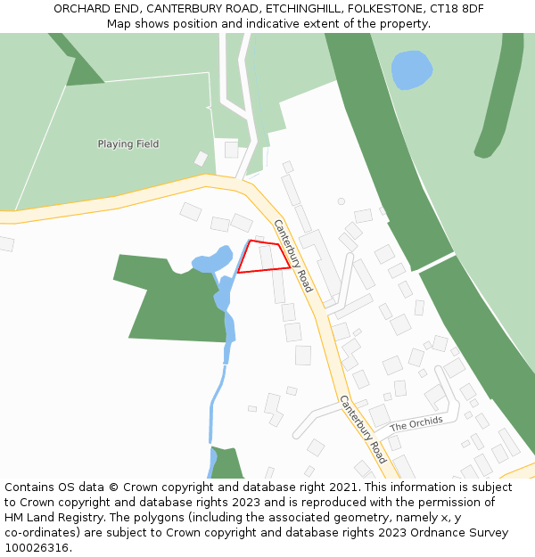 ORCHARD END, CANTERBURY ROAD, ETCHINGHILL, FOLKESTONE, CT18 8DF: Location map and indicative extent of plot