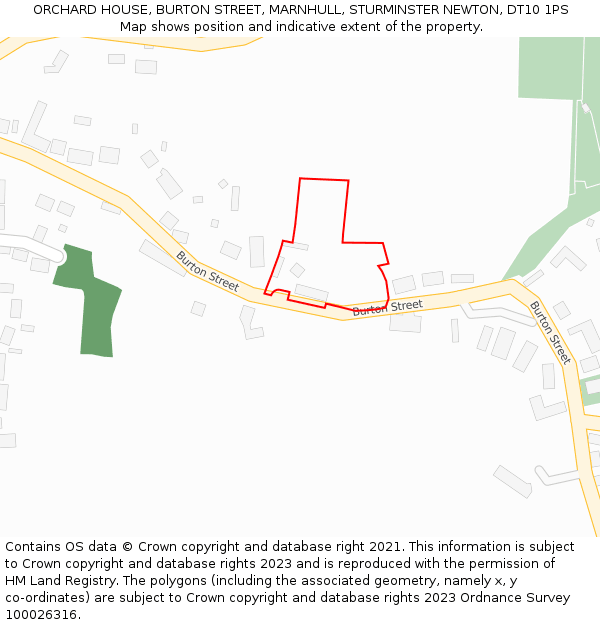 ORCHARD HOUSE, BURTON STREET, MARNHULL, STURMINSTER NEWTON, DT10 1PS: Location map and indicative extent of plot