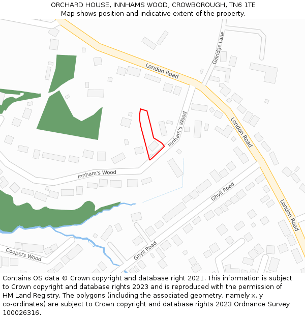 ORCHARD HOUSE, INNHAMS WOOD, CROWBOROUGH, TN6 1TE: Location map and indicative extent of plot