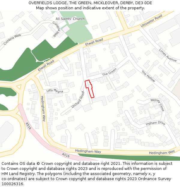 OVERFIELDS LODGE, THE GREEN, MICKLEOVER, DERBY, DE3 0DE: Location map and indicative extent of plot