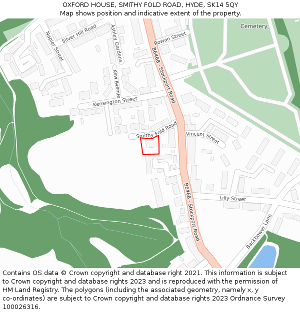 OXFORD HOUSE, SMITHY FOLD ROAD, HYDE, SK14 5QY: Location map and indicative extent of plot