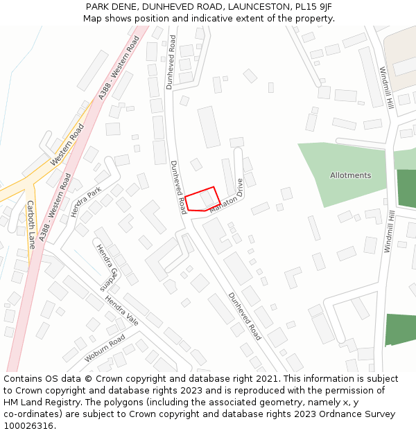 PARK DENE, DUNHEVED ROAD, LAUNCESTON, PL15 9JF: Location map and indicative extent of plot