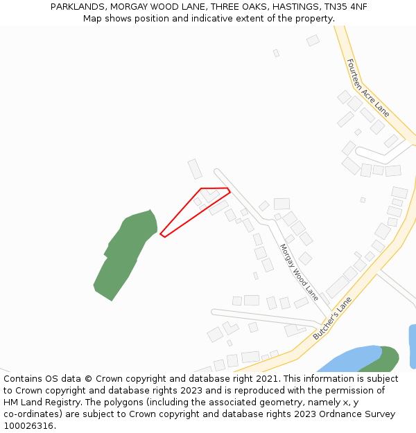 PARKLANDS, MORGAY WOOD LANE, THREE OAKS, HASTINGS, TN35 4NF: Location map and indicative extent of plot