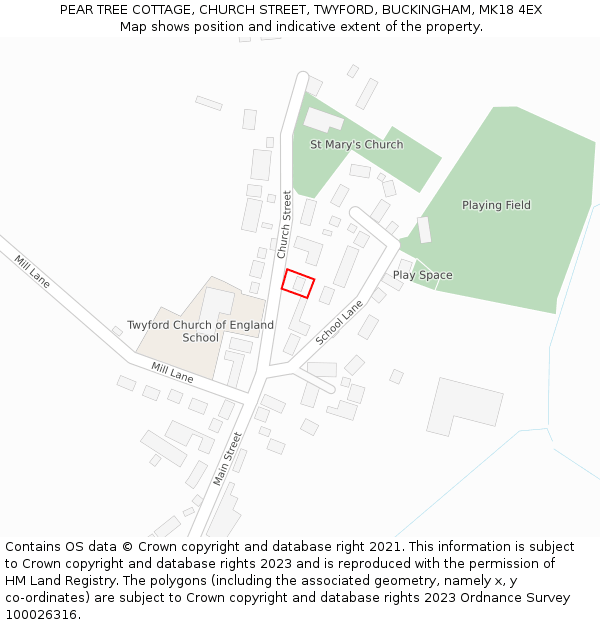 PEAR TREE COTTAGE, CHURCH STREET, TWYFORD, BUCKINGHAM, MK18 4EX: Location map and indicative extent of plot