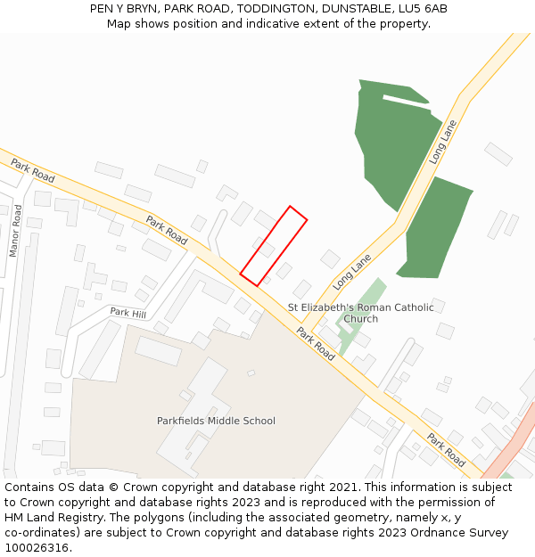 PEN Y BRYN, PARK ROAD, TODDINGTON, DUNSTABLE, LU5 6AB: Location map and indicative extent of plot