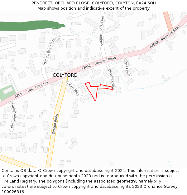 PENDREET, ORCHARD CLOSE, COLYFORD, COLYTON, EX24 6QH: Location map and indicative extent of plot