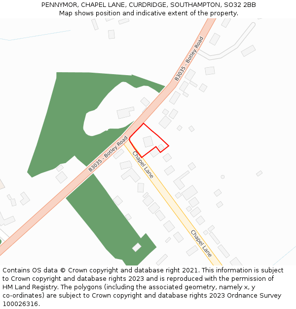 PENNYMOR, CHAPEL LANE, CURDRIDGE, SOUTHAMPTON, SO32 2BB: Location map and indicative extent of plot