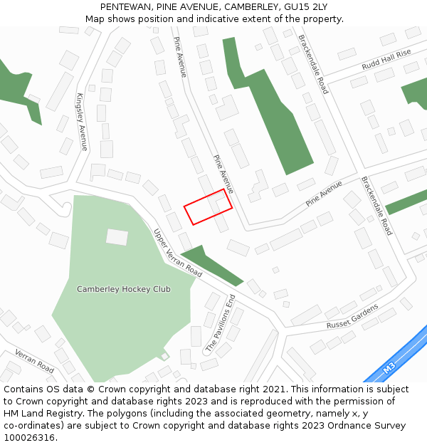 PENTEWAN, PINE AVENUE, CAMBERLEY, GU15 2LY: Location map and indicative extent of plot