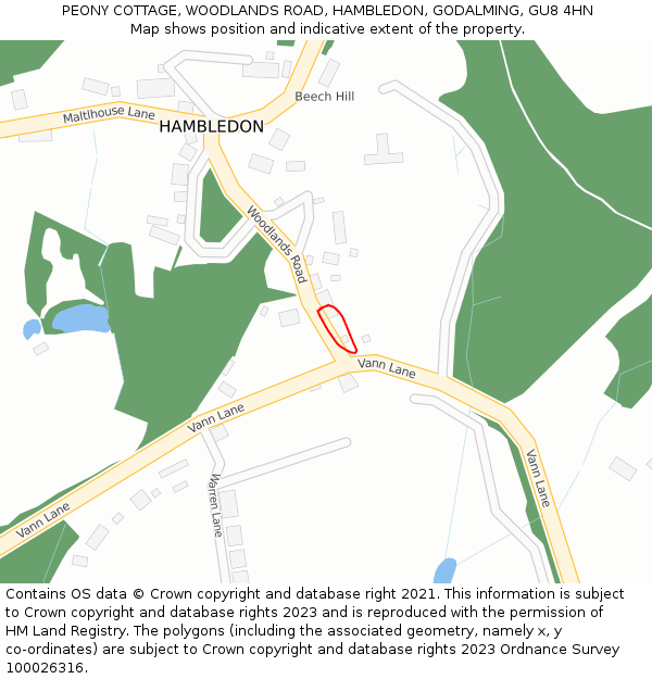 PEONY COTTAGE, WOODLANDS ROAD, HAMBLEDON, GODALMING, GU8 4HN: Location map and indicative extent of plot